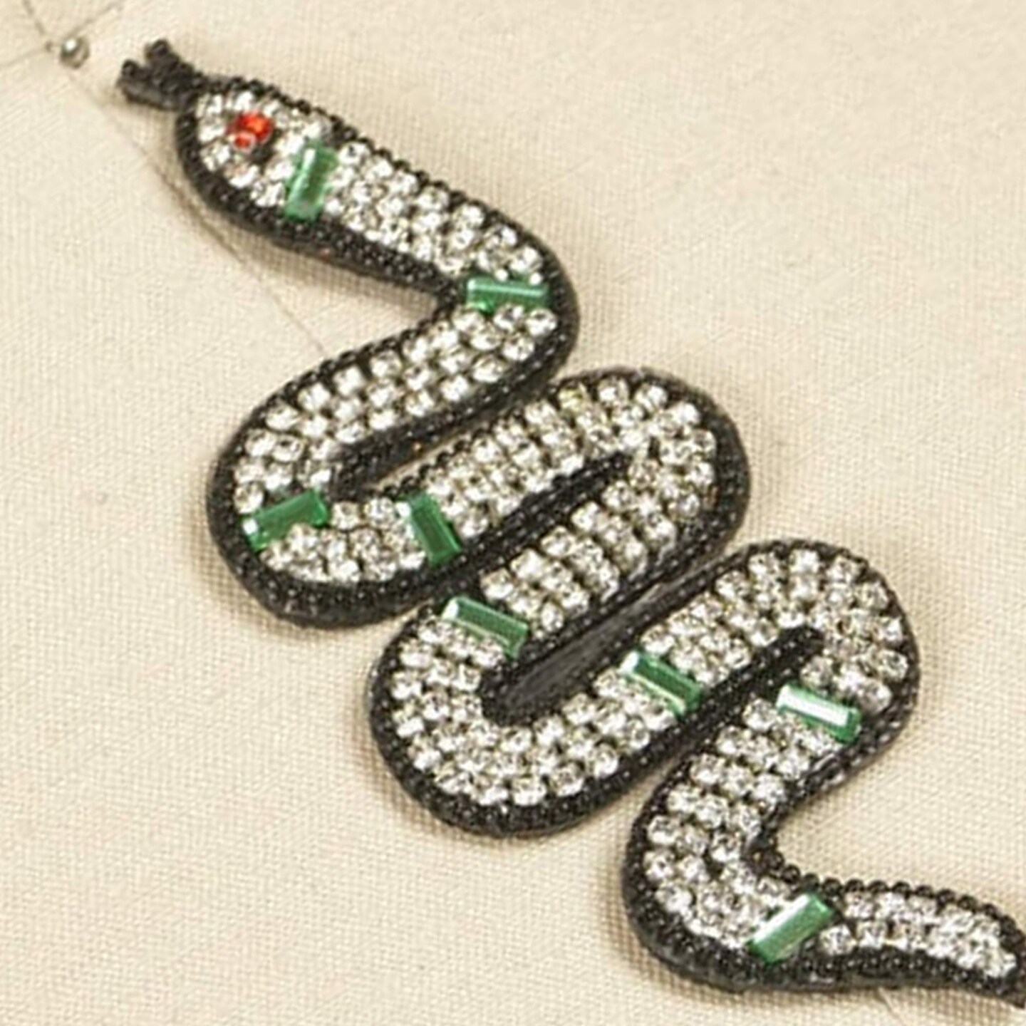 1 Piece 5" Black Rhinestone Snake Patch with Green Beads Red Eye Iron On Applique