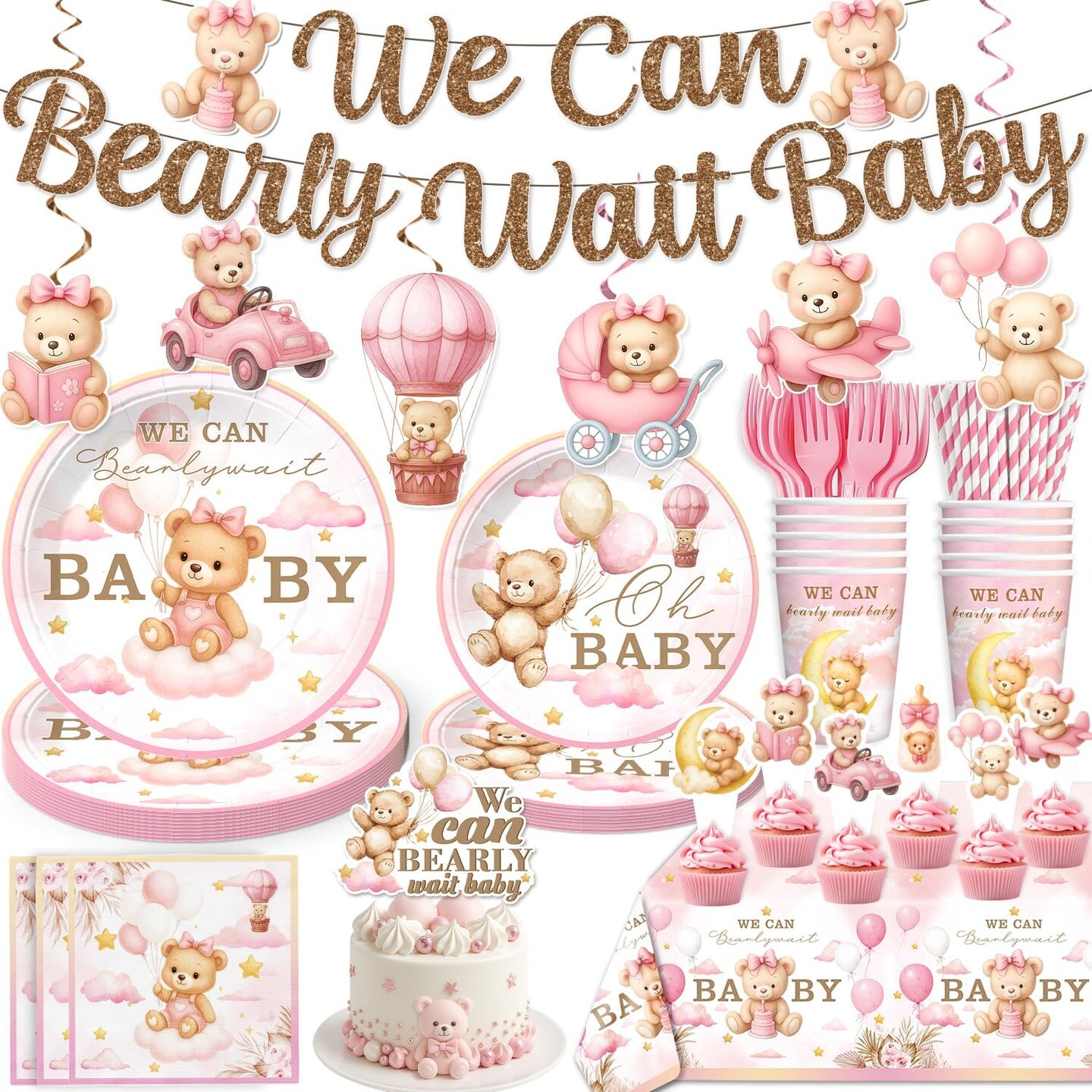 152 PCS We Can Bearly Wait Baby Shower Decorations Girl (Pink)