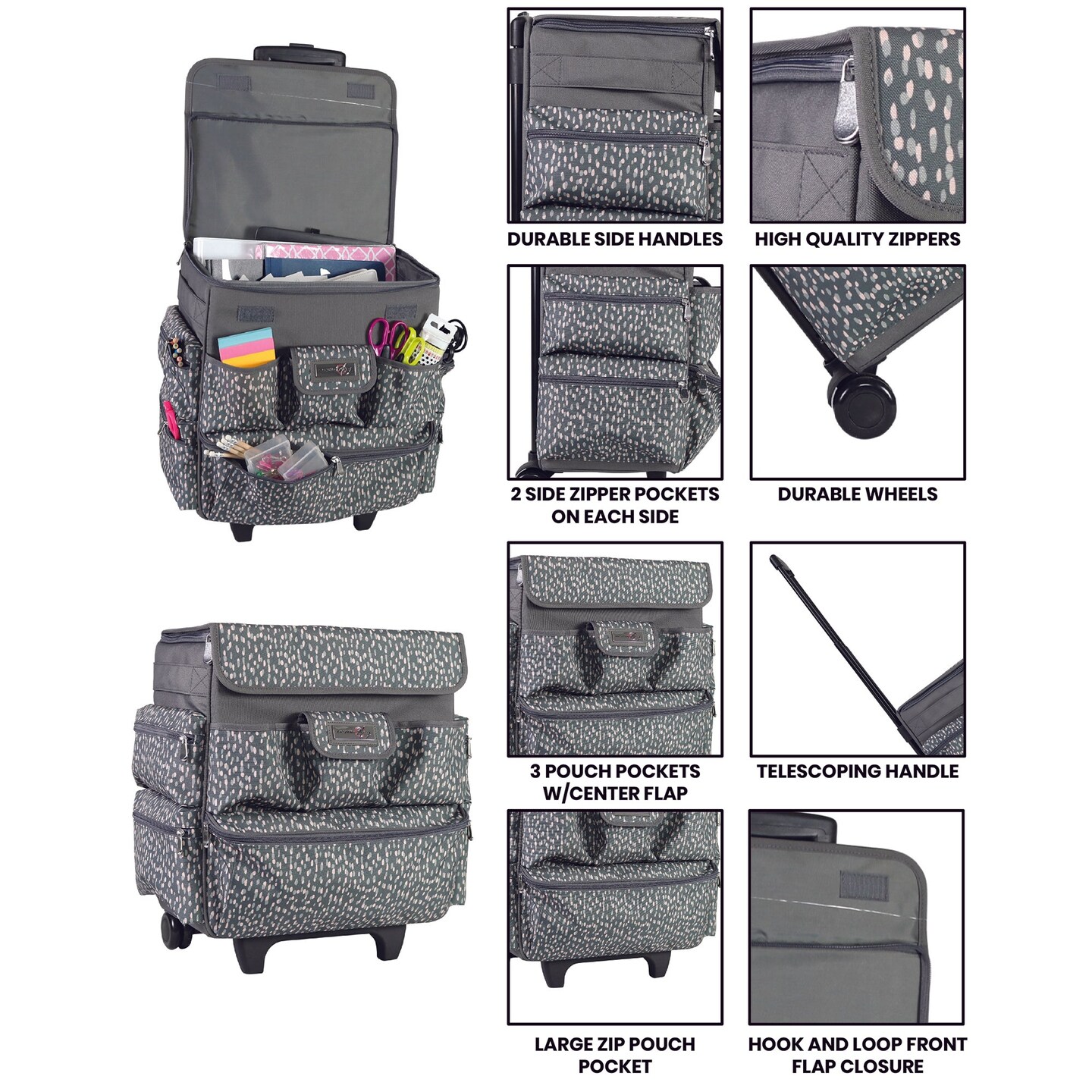 Multi-Compartment Teacher Rolling Tote, Grey &#x26; White