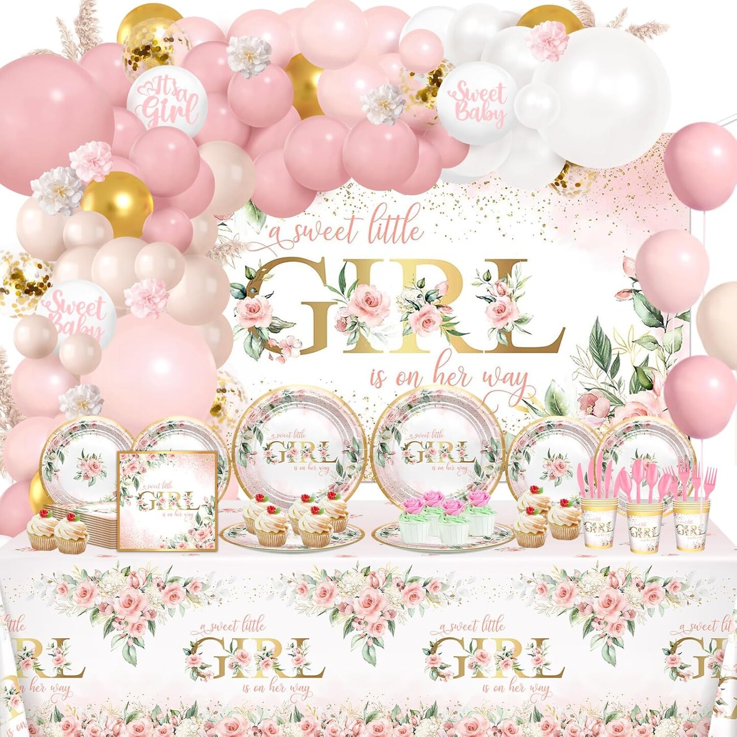 Baby Shower Decorations for Girl 278 Pcs Pink Floral (Rose Gold)