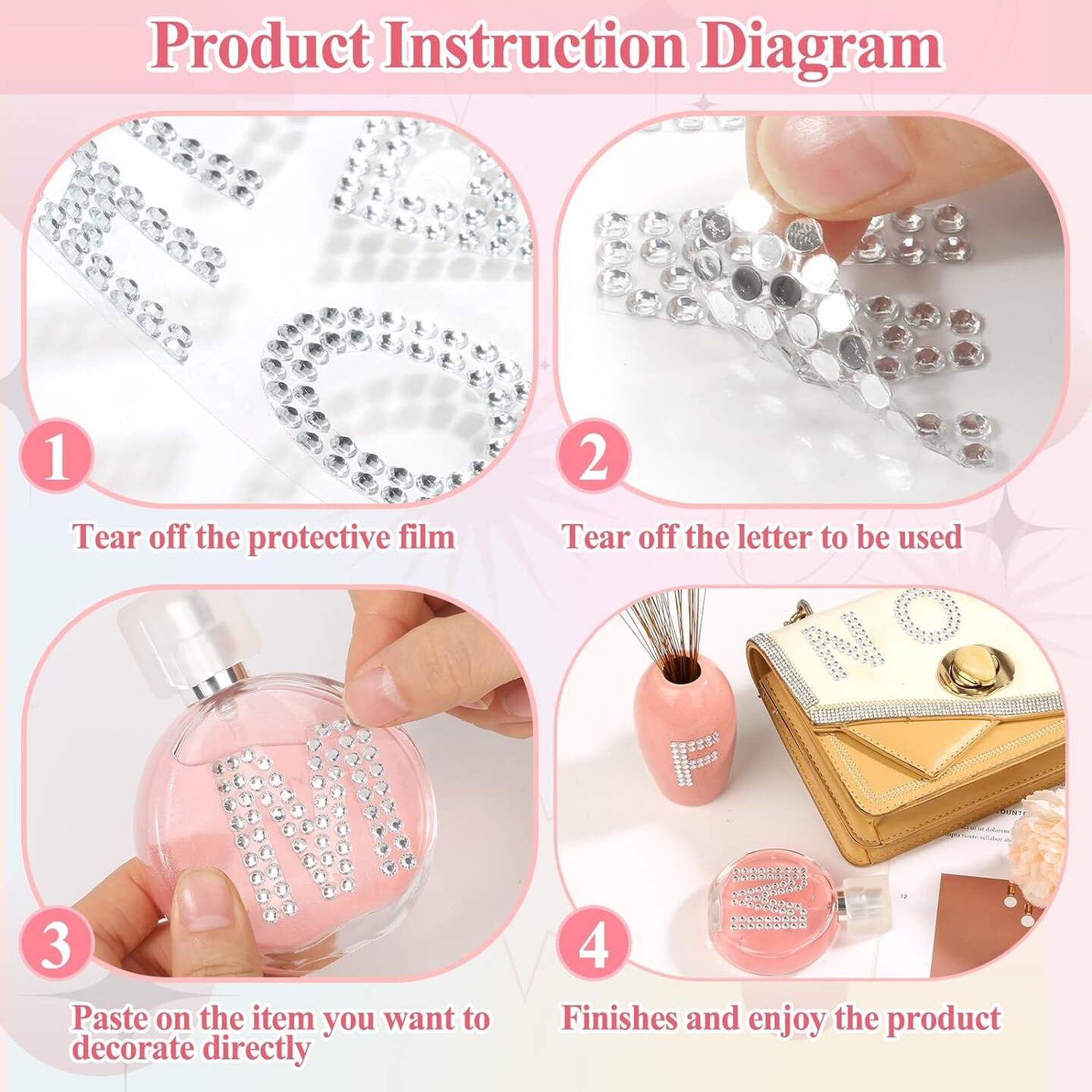 170 Pieces Rhinestone Letters Stickers, 5 Sheets Glitter Self Adhesive Diamond