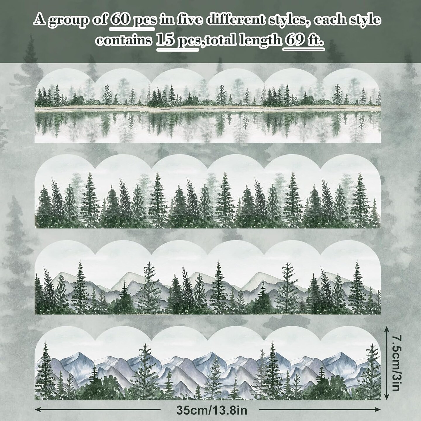 69Ft Watercolor Forest Bulletin Board Borders (green) 3"L x 13.8"W