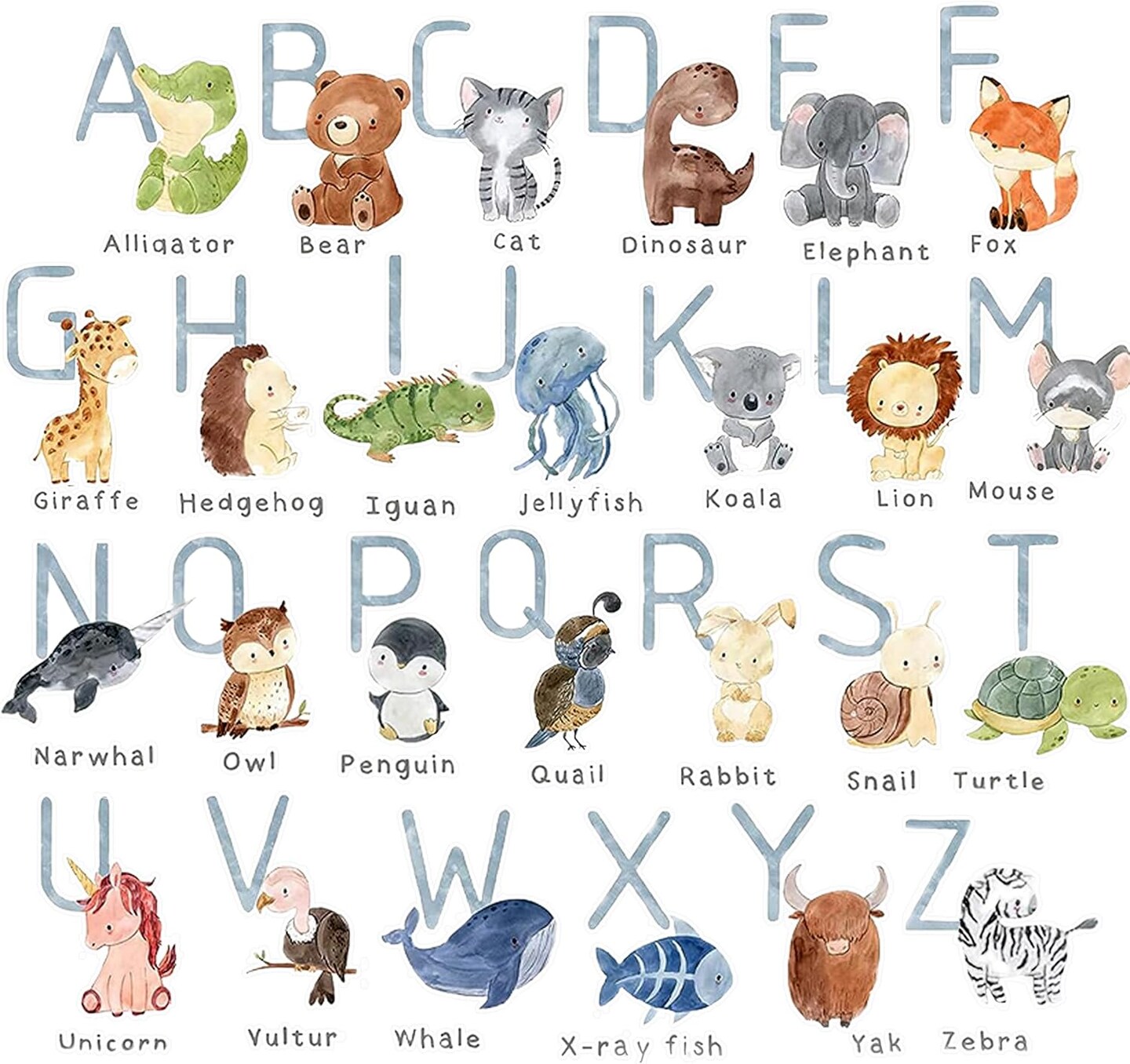 26Pcs Animal Alphabet Wall Decals, Jungle Theme ABC Peel-and-Stick Stickers with Stars, Educational Nursery Wall Art for Toddlers, Playroom & Classroom Decor