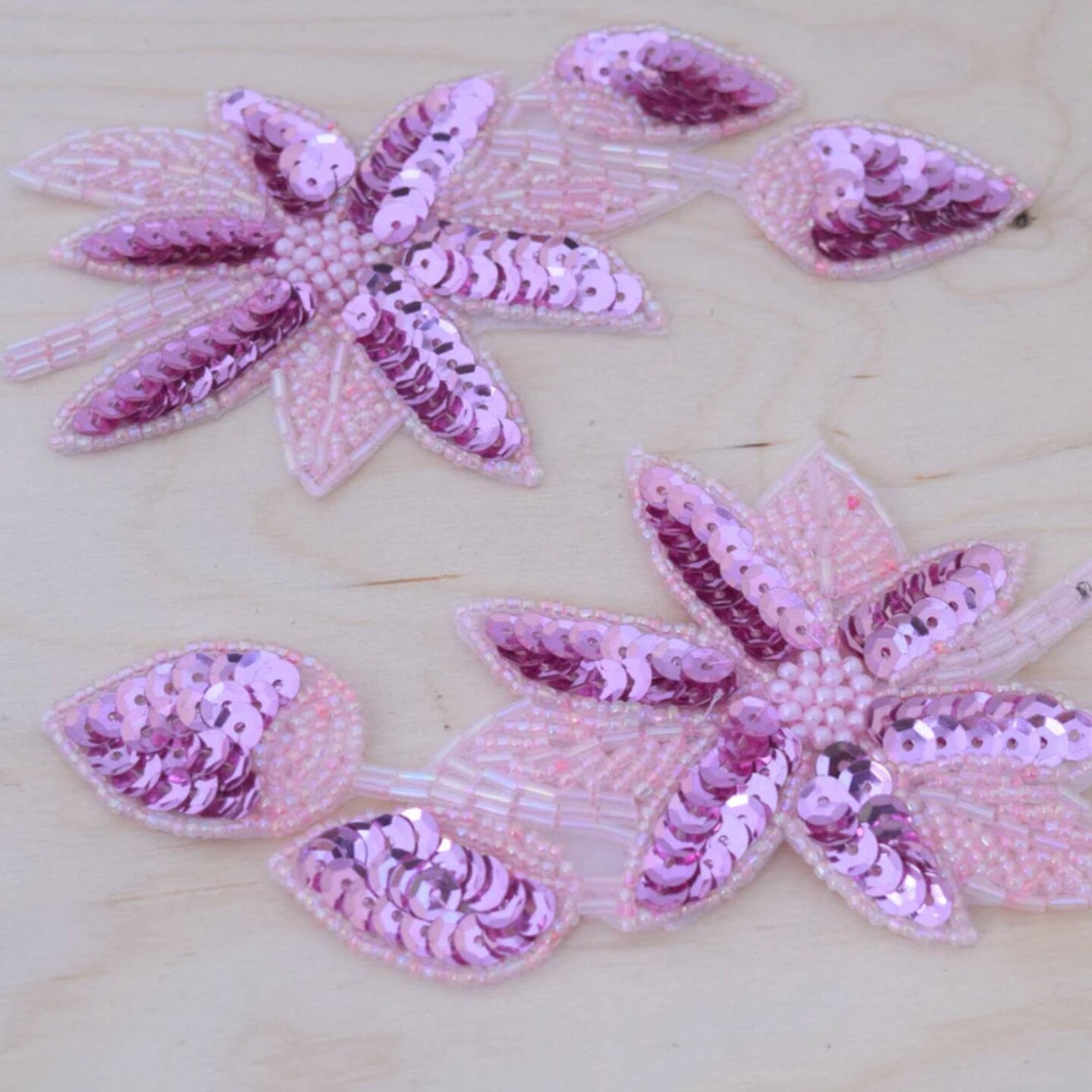 2 Pieces Dual Pink Sequin Flower Appliques Iron-On Embroidered with Beads for Costumes & DIY