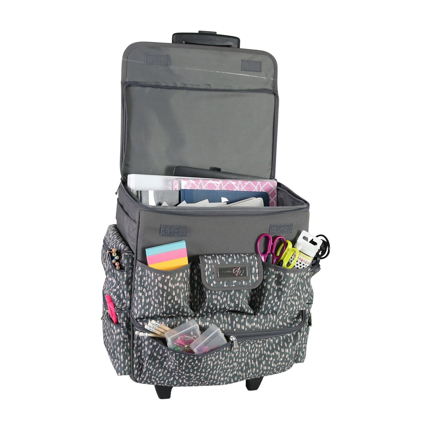 Multi-Compartment Teacher Rolling Tote, Grey &#x26; White