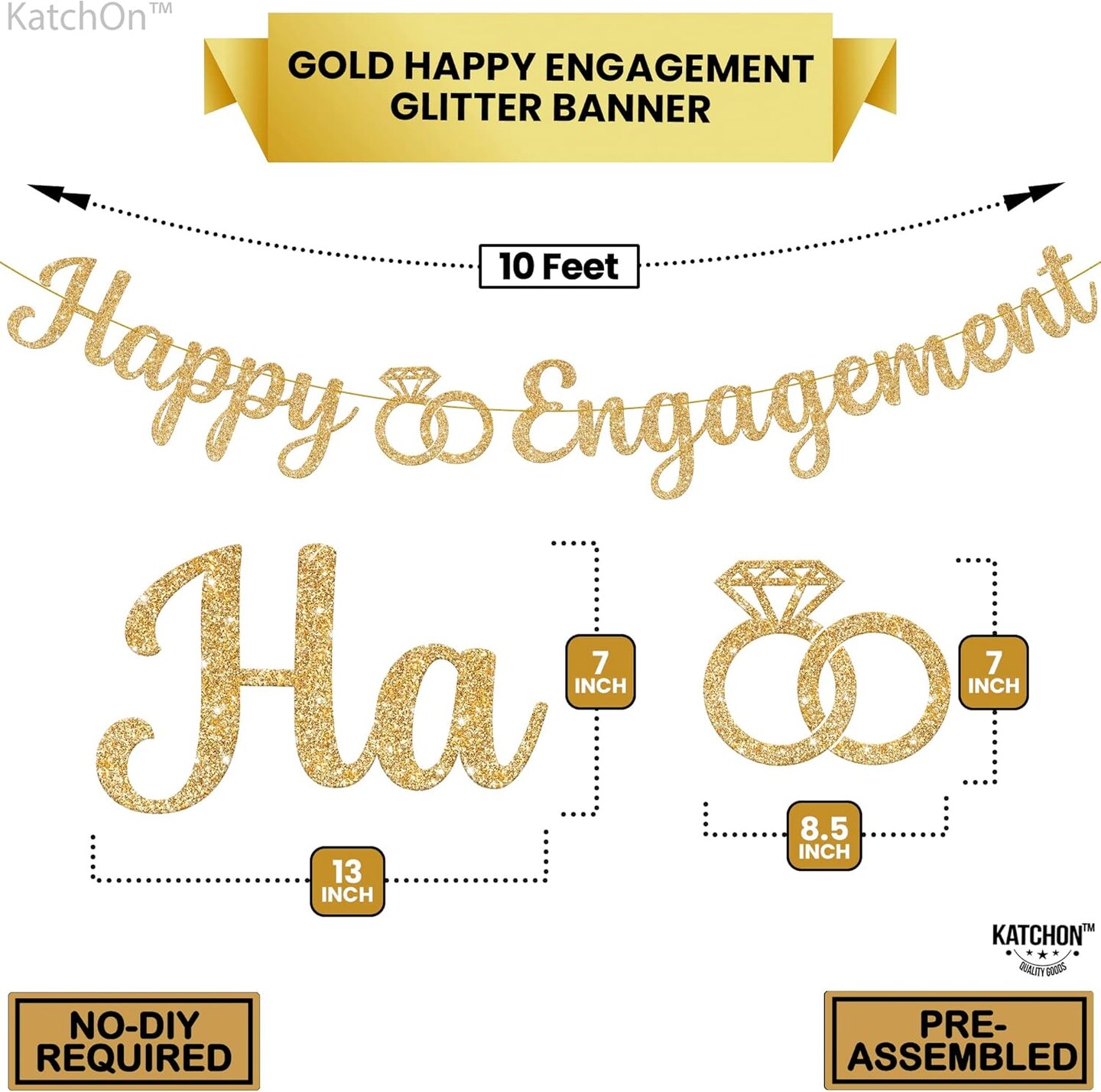 Gold Glitter Happy Engagement Banner - 10 Feet