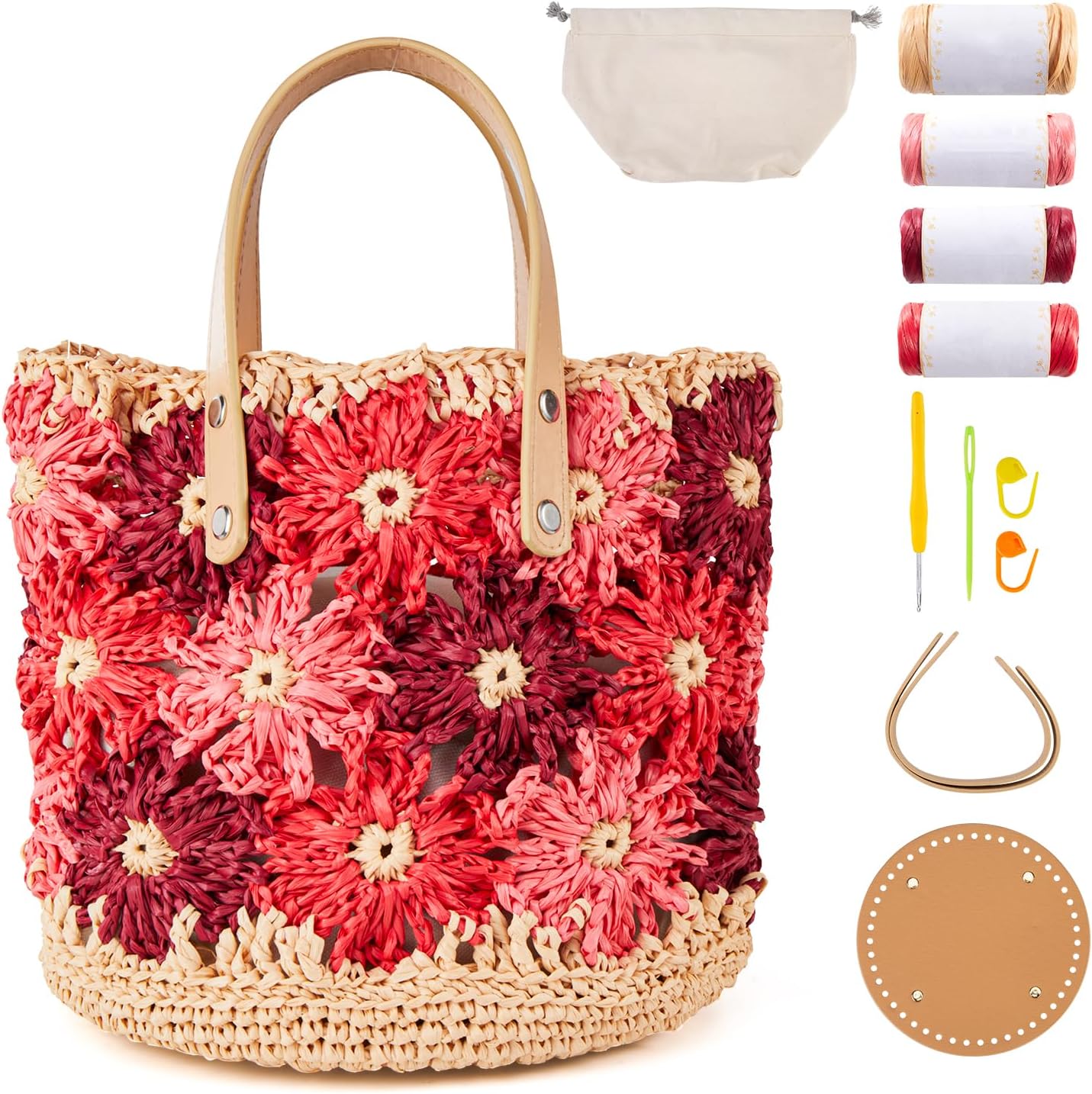 Crochet Kit - Floral Raffia Bucket Bag (Rosy Bloom) 7.95 x 7.95 x 7.5 inches