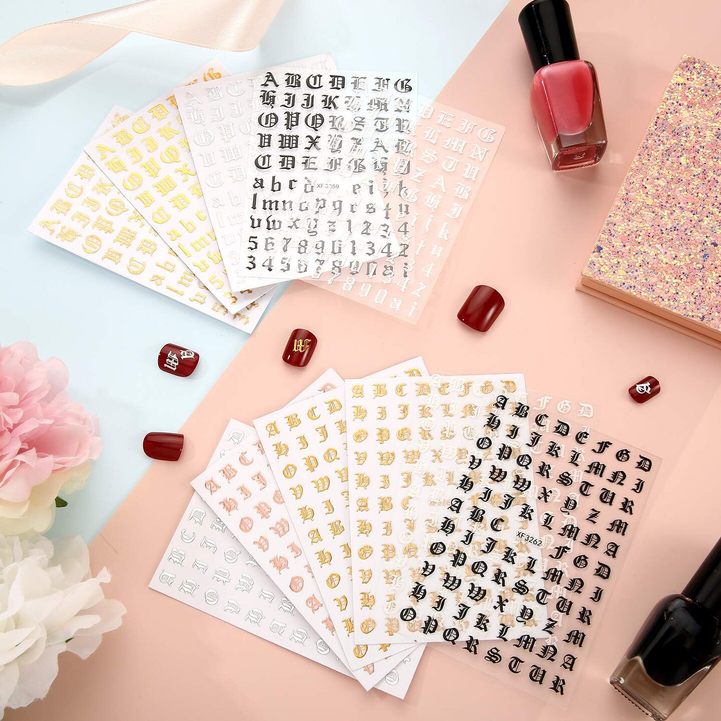 24 Sheets Old English Letter Nail Art Stickers, 3D Holographic Alphabet & Number Nail Decals, Gold & Classic Color Self-Adhesive Initial Charms for DIY Acrylic Manicures