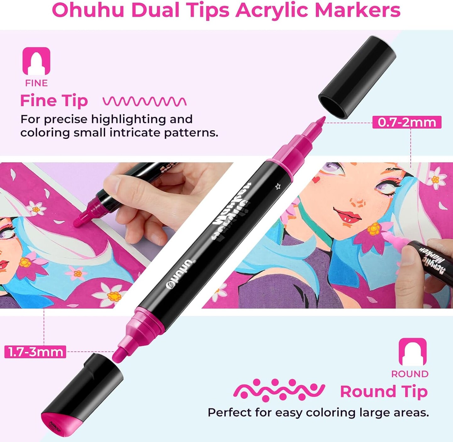 Ohuhu Acrylic Paint Pens 90 Colors: Dual Tips (Round &#x26; Fine) Acrylic Markers High Opacity Paint Markers Waterproof Lightfast for Rock Painting Easter Eggs Wood Glass Ceramic Canvas - Kakaako
