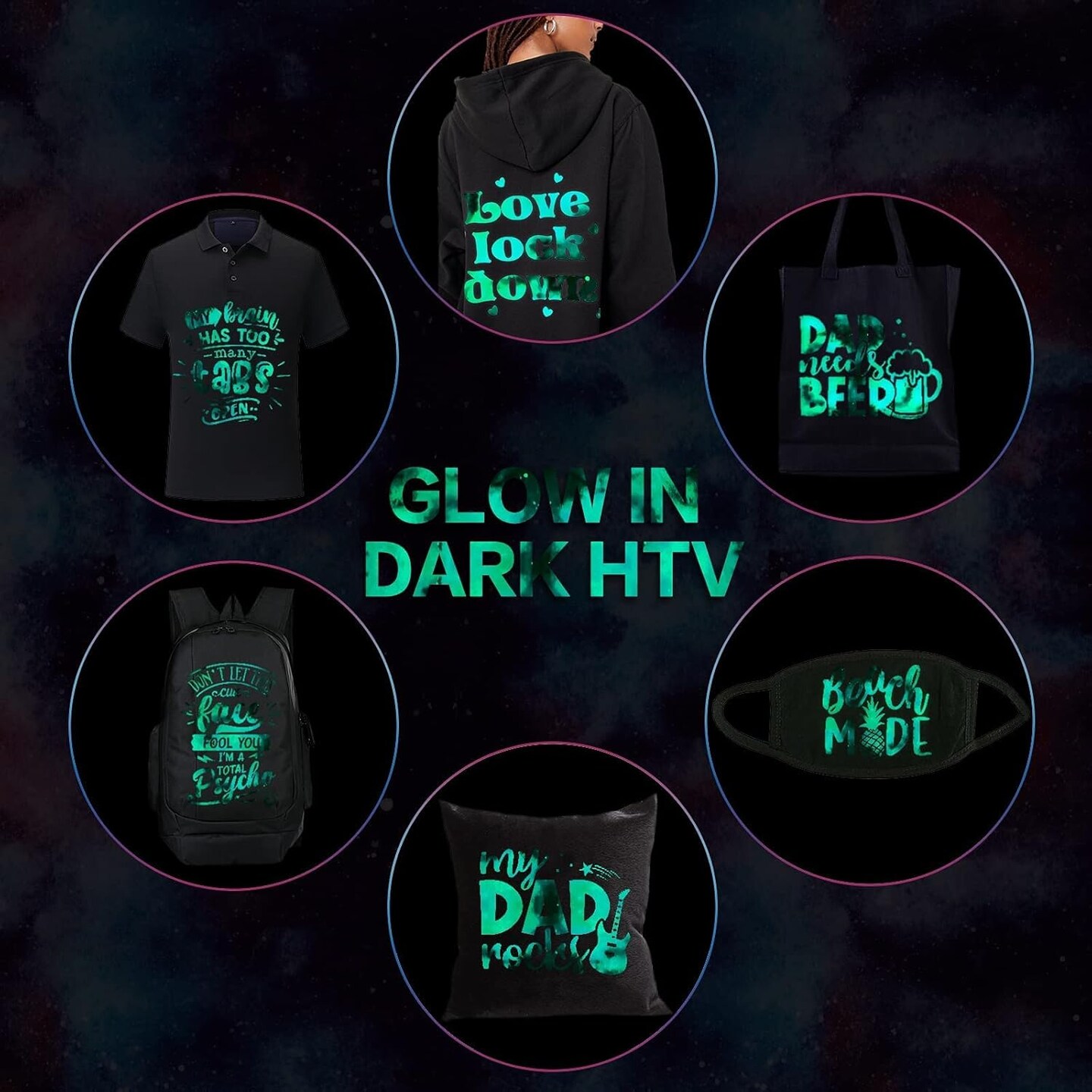 Glow in Dark HTV Heat Transfer Vinyl - 12x10 inch 6 Sheets Luminous Galaxy Iron on