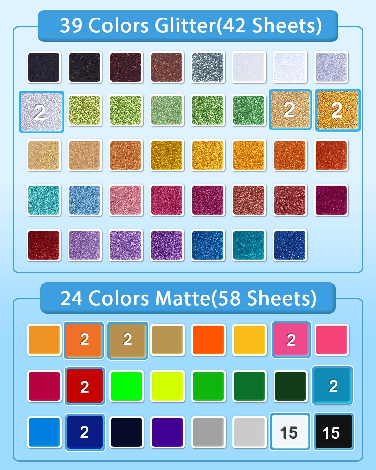 Iron On Vinyl - 12&#x22;x10&#x22; Heat Transfer Vinyl Sheets (63 Colors: Glitter &#x26; Matte)