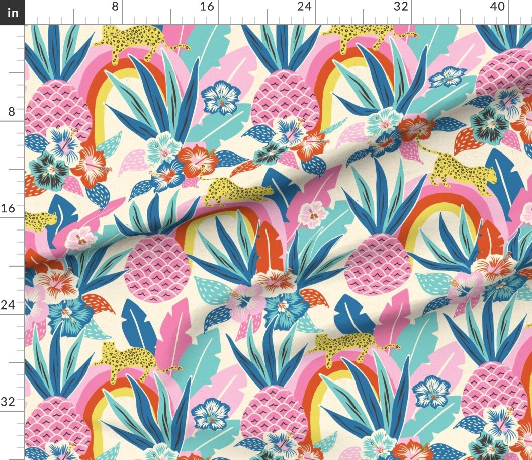Maximalist Tropical Leopard Print Pink Pineapple Rainbow Hibiscus Animalier Jumbo Scale Custom Printed Fabric by Spoonflower Various Fabrics by the Yard or Fat Quarter