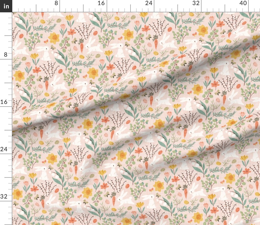 Springtime Garden Nature Easter Floral Bunny Farm Carrots Flowers Vegetables Veggie Easter Egg Eggs Pastel Spring Modern Farmhouse Rustic Custom Printed Fabric by Spoonflower Various Fabrics by the Yard or Fat Quarter