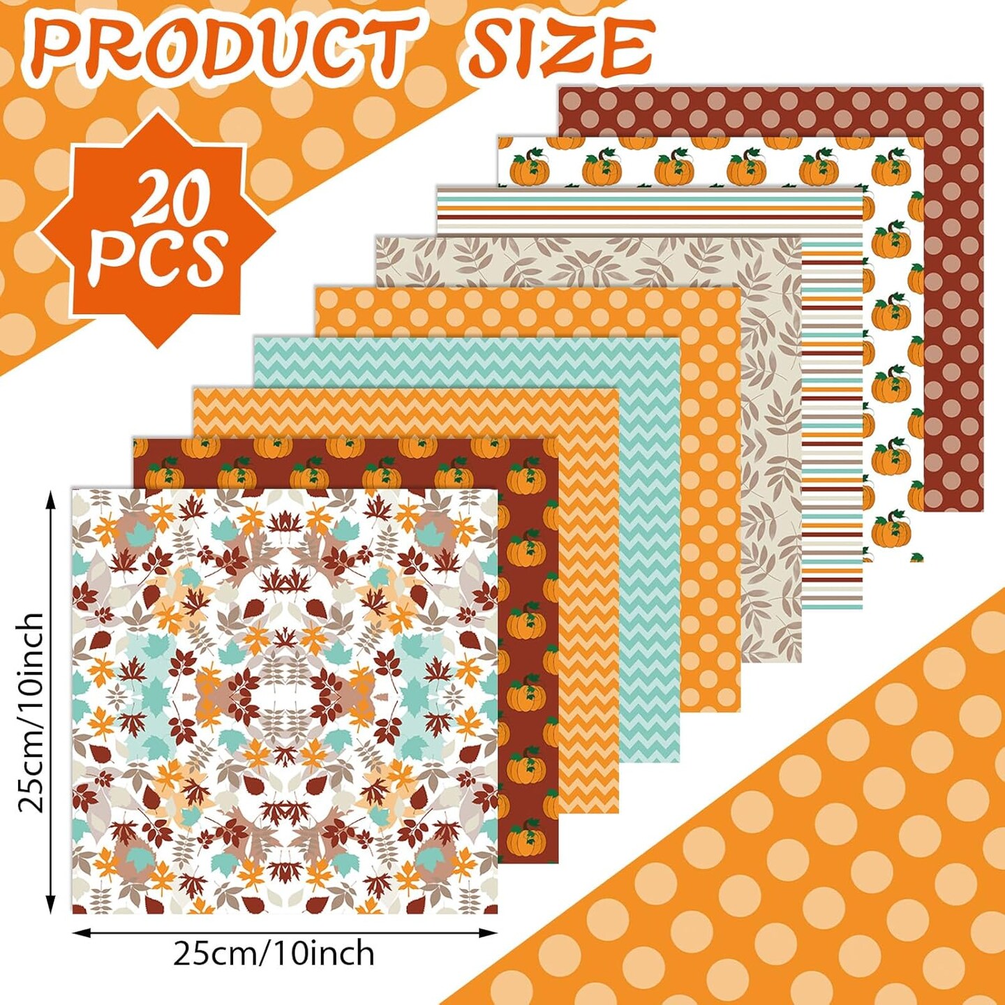 20 Pcs Fall Pumpkin Quilting Fabric Square - 10&#x27;&#x27;x10&#x27;&#x27;
