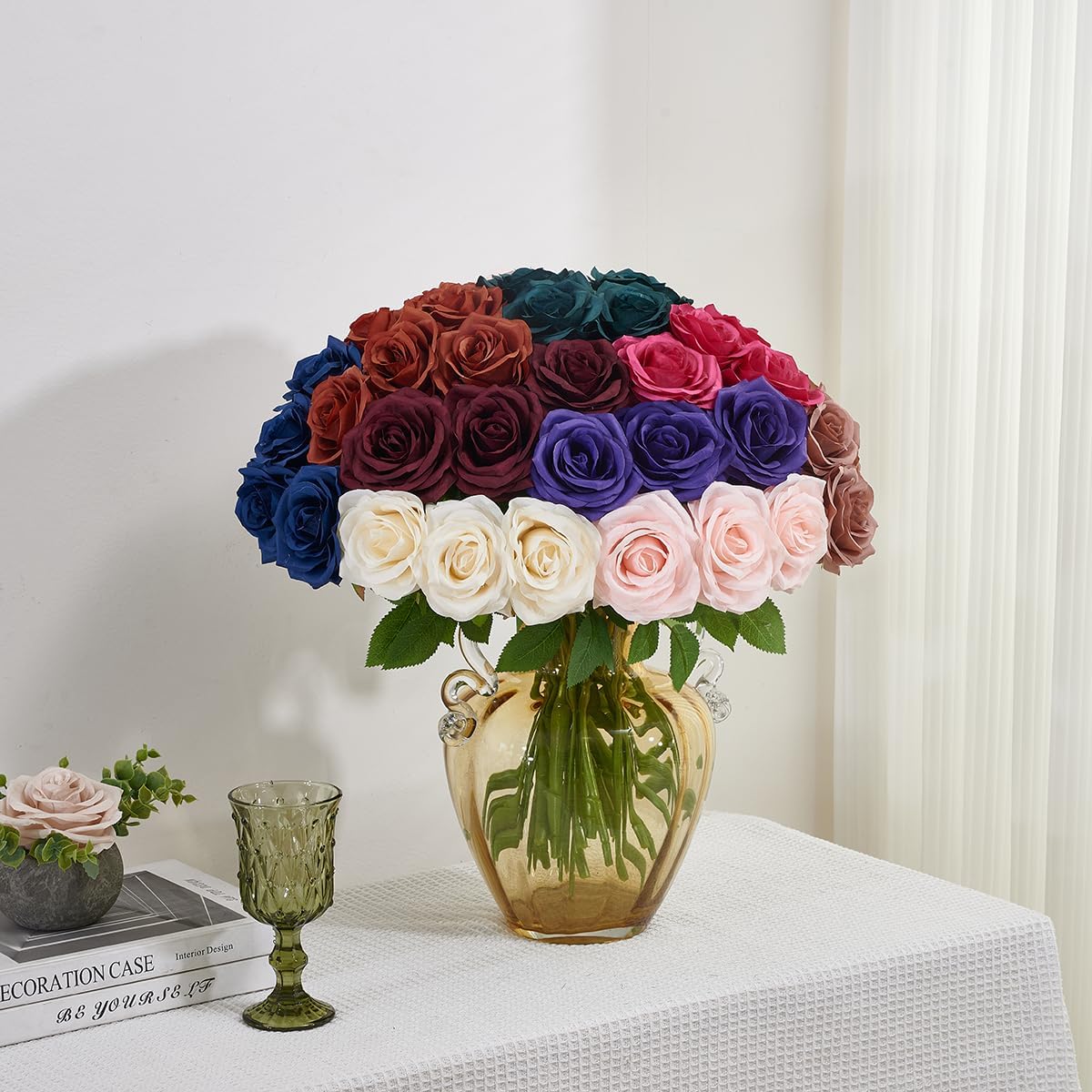 50pcs Roses Artificial Flowers Bulk,Burgundy Fake Roses Silk Flower