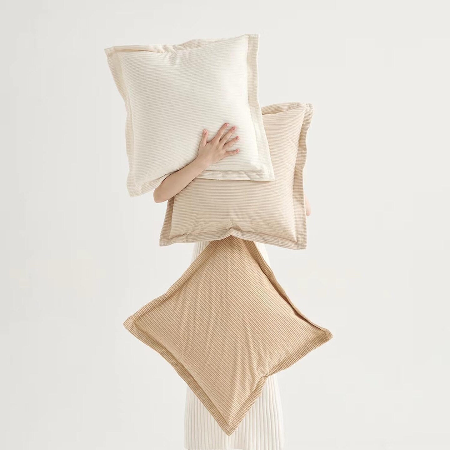 Set of 3 Decorative Vintage Throw Pillow Covers 18x18inch, Soft Striped Textured Corduroy Square Cushion Pillowcases for Modern Bedroom Living Room Farmhouse Decor(Camel, Beige & White)