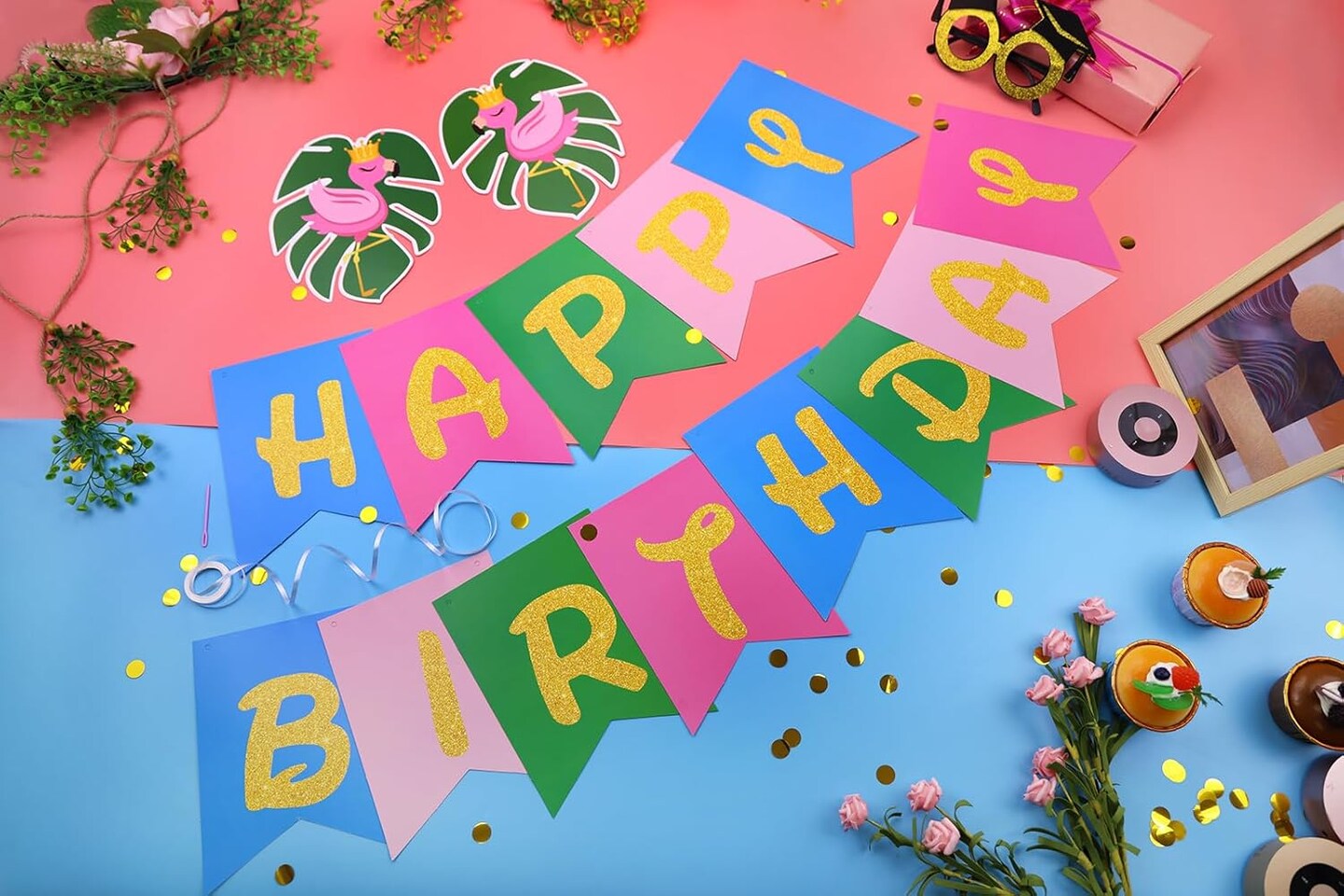 Hawaiian Aloha Party Banner Decorations, Aloha Flamingo Birthday Banner Garland with 12pcs Luau Pineapple Hanging Swirls Banners, Tropical Tiki Summer Beach Pool Birthday Party Decorations