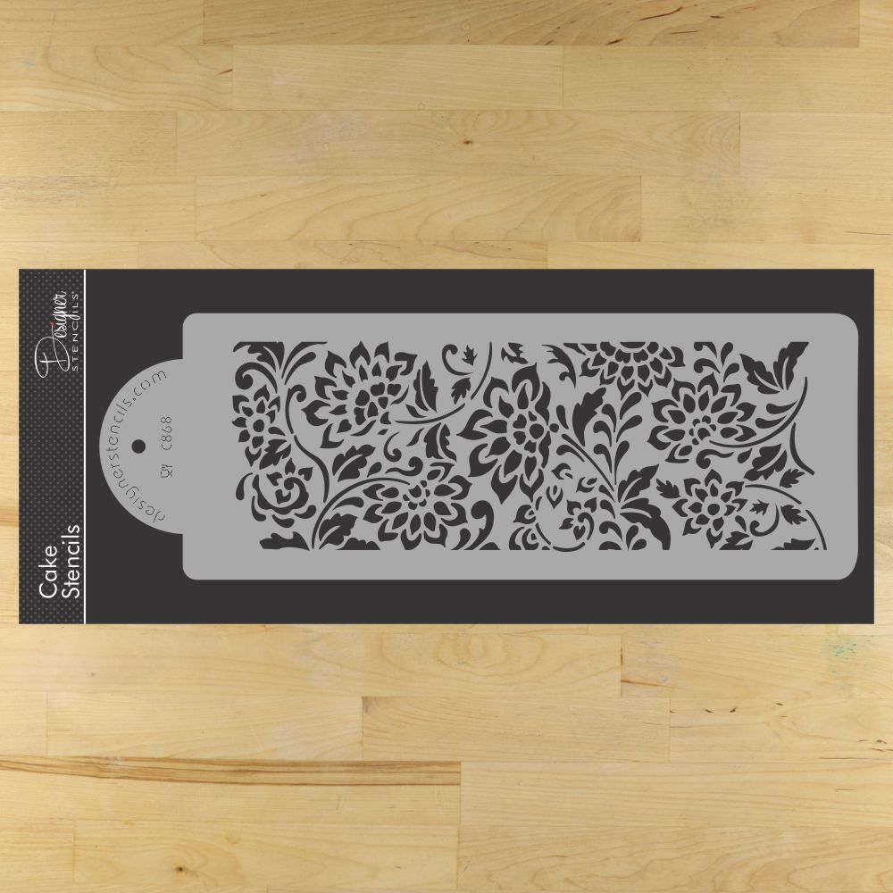 Janet's Jacobean Cake Stencil Border | C868 by Designer Stencils | Cake Decorating Tools | Baking Stencils for Royal Icing, Airbrush, Dusting Powder | Reusable Plastic Food Grade Stencil for Cakes | Easy to Use & Clean Cake Stencil