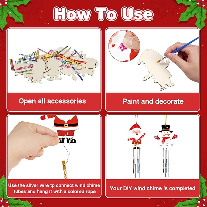 10 Pack Christmas Wind Chime Kit for Kids Make You Own Christmas Wind Chimes DIY Coloring Wooden Craft for Christmas Hanging Ornaments Christmas Party Decoration