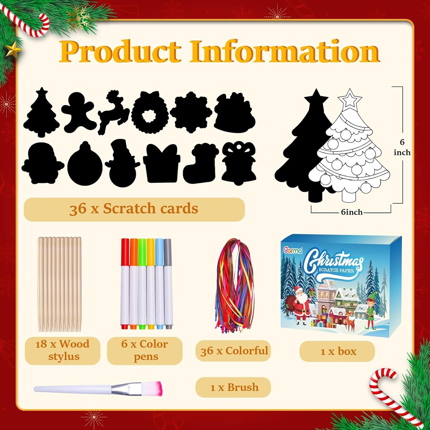 36Pcs Christmas Crafts Scratch Art for Kids, Rainbow Scratch Paper Christmas Ornaments Crafts Christmas Party Favors Toys Xmas Tree Ornaments Hanging Craft Art Kits
