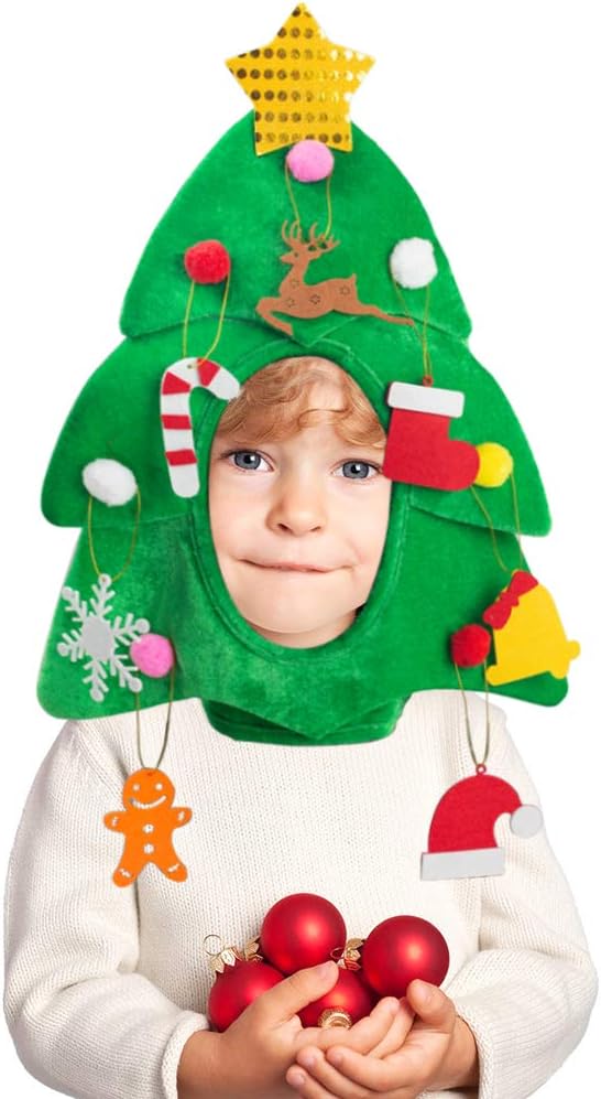 Christmas Tree Hat with 7PCS Ornaments, Funny Christmas Hat, Novelty Santa Hat Crazy Hats Christmas Party Hat Dress Up Celebrations
