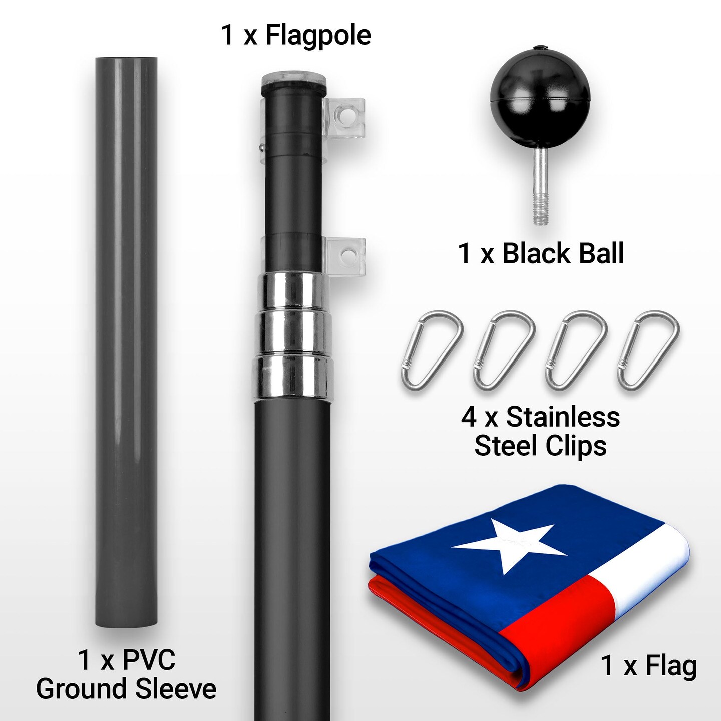 G128 Combo Pack: 16 Ft Telescoping Aluminum Flagpole (Black) & Texas TX 3x5 Ft, ToughWeave Series Embroidered 300D Polyester | Pole with Flag Included
