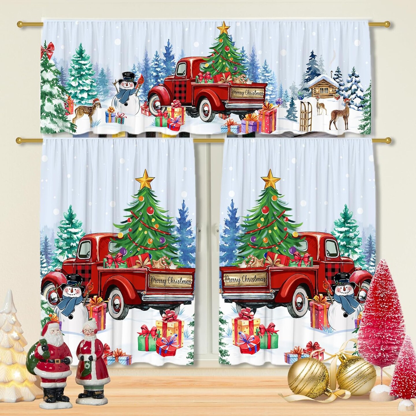 Christmas Kitchen Curtains, Christmas Decorations Valances for Windows, Curtains and Valances Set Christmas Decor Truck Snowmen for Cafe Living Room, Xmas Winter 27&#x27;&#x27;x36&#x27;&#x27; 2 Panel &#x26; 54&#x27;&#x27;x18&#x27;&#x27; Tier Set