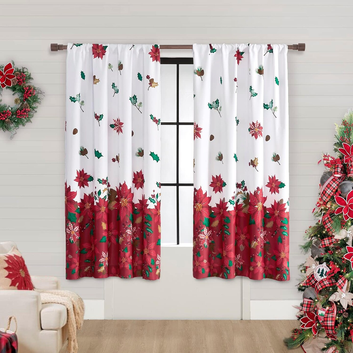 Red Curtains 63 Inch Length for Bedroom 2 Panels Poinsettia Christmas Light Blocking Winter Insulated Thermal Holiday Xmas Decorations Indoor Home Decor Green Fairy Curtains for Living Room Dining