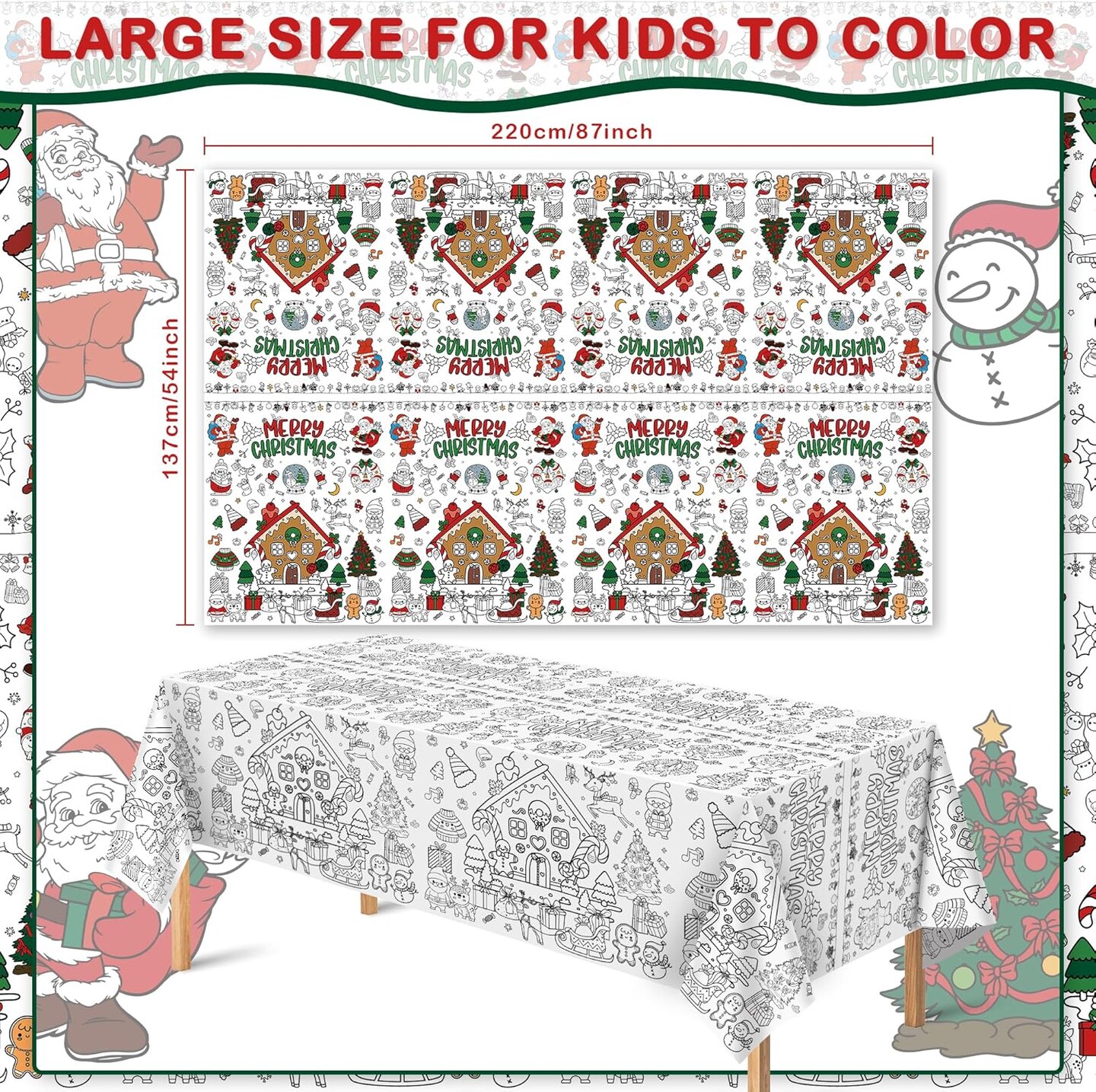 Christmas Coloring Tablecloth - Christmas Decorations | Christmas Table Decor Indoor- Christmas Banner | Christmas Crafts for Kids - Kids Games Gifts Activities Party Favors Supplies,54&#x22; x 88&#x22;