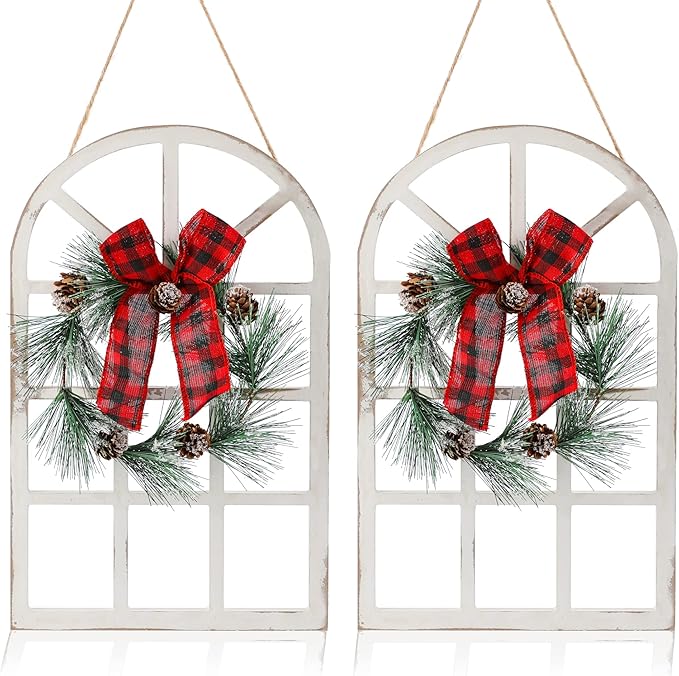 Wood Christmas Holiday Wall Hanging Indoor Outdoor Decorations Rustic Christmas Window Plaque Signs Wooden Arch with Wreath Christmas Home Party (Red-Black)