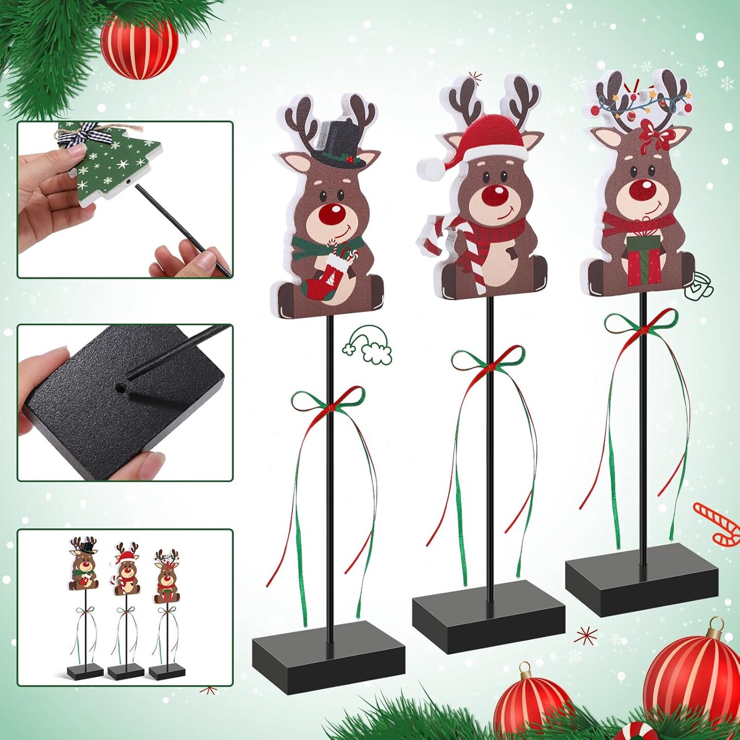 3 Pcs Christmas Table Decorations Wooden Cute Christmas Reindeer Table Centerpiece Reindeer Tiered Tray Decorations Cute Christmas Reindeer Decorations for Indooer Office,Stocking Stuffers