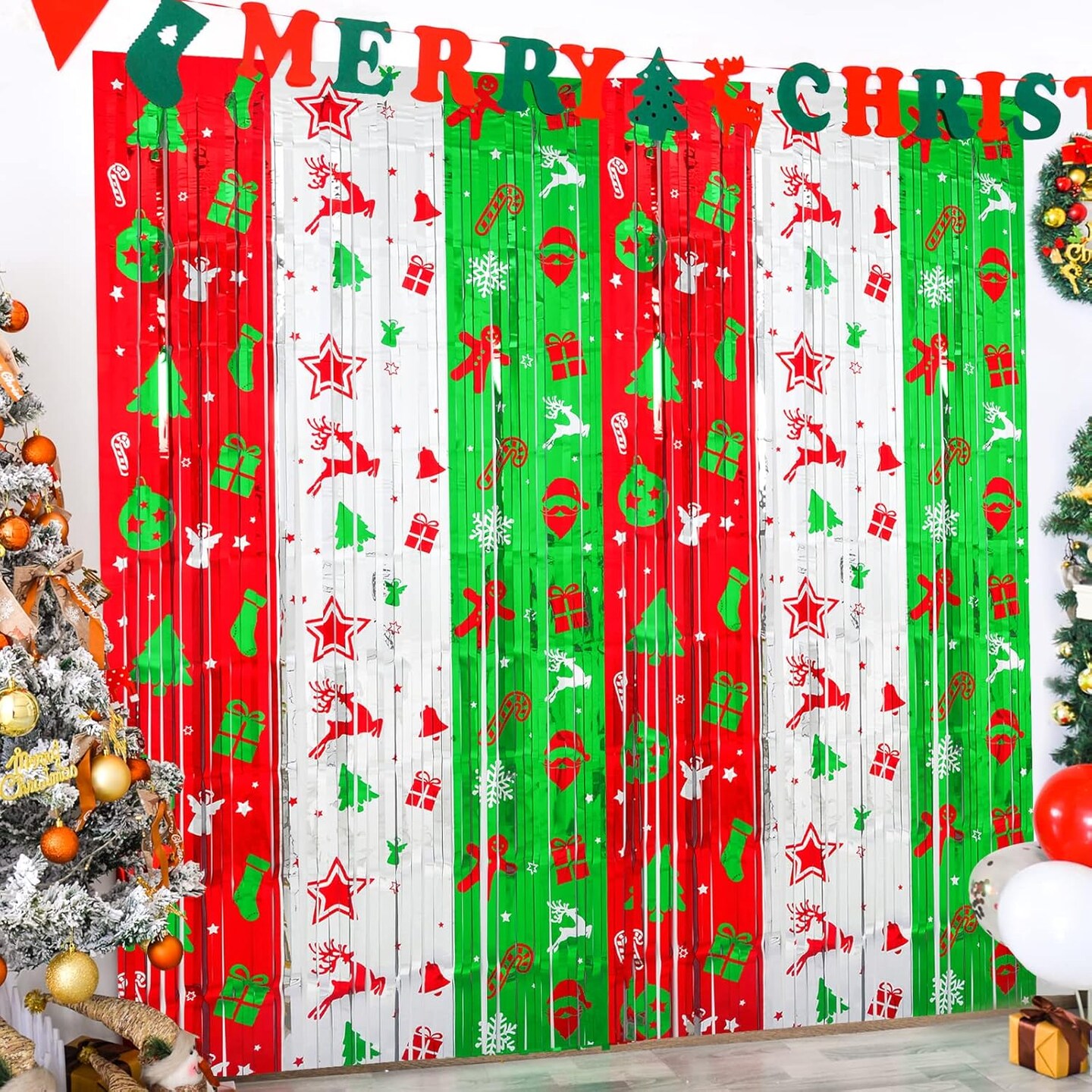 Foil Fringe Curtains - Christmas Themed Red, Silver, Green - 3.3 x 6.6 ft Photo Backdrop for Ugly Sweater Parties