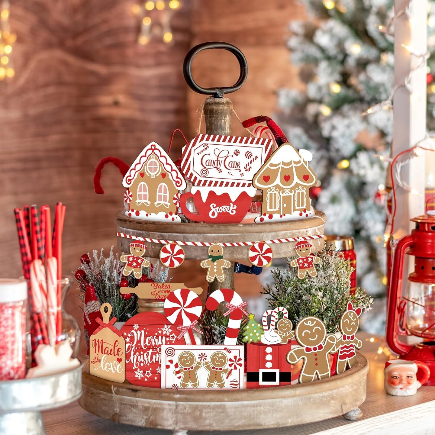 18Pcs Christmas Gingerbread Tiered Tray Decor Red Chirstmas Wooden Wall Art Decor Christmas Candy Table Centerpieces Decoration Kitchen Tabletop Party Decor