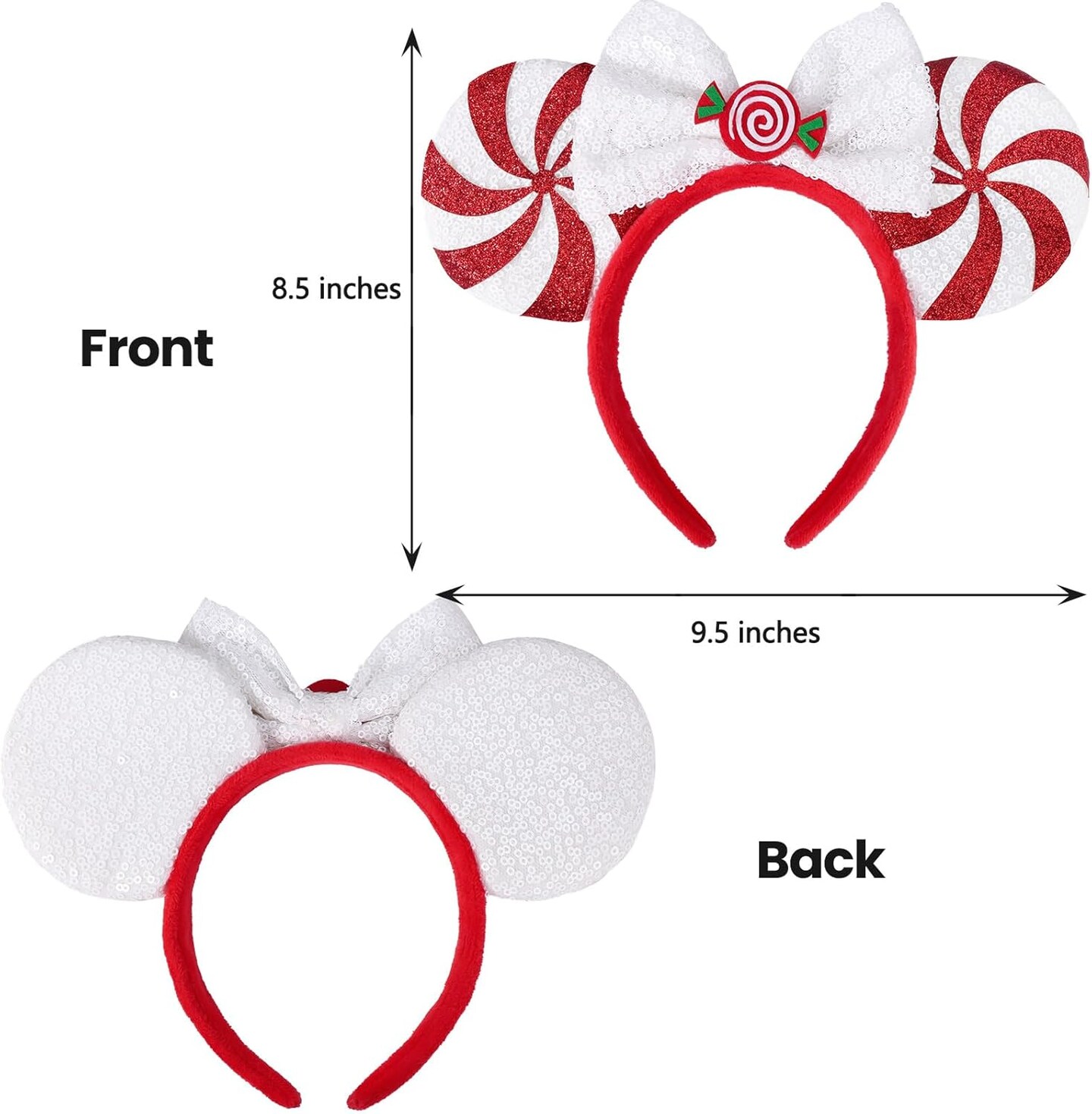 Christmas Ears for Women Adult Kids, Peppermint Candy White Red, Glitter Park Ears Christmas Headband for Christmas Party Gathering Cosplay Costumes Accessories