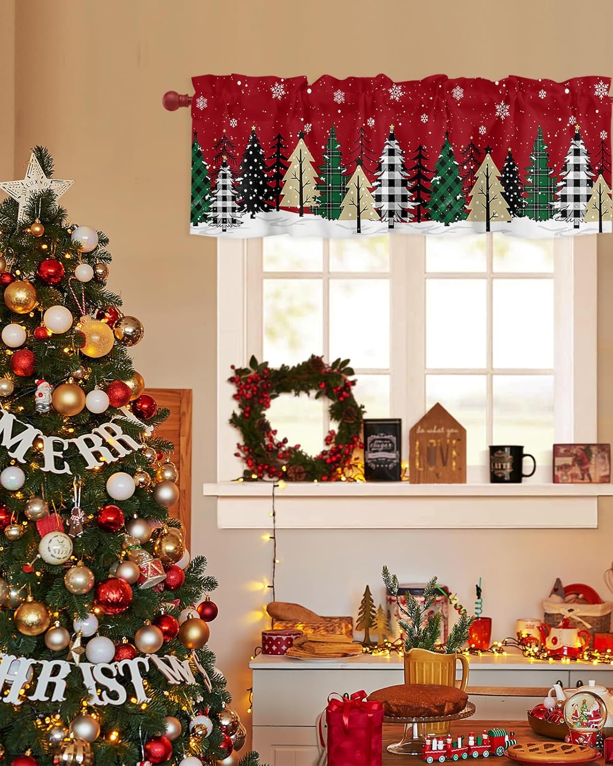 Christmas Tree Valance Curtain Red Kitchen Window Curtain Winter Snowflae Short Curtain Rod Pocket Drapes Window Treatment Valance for Living Room Bedroom Bathroom Xmas Decor 54x18in 1 Panel