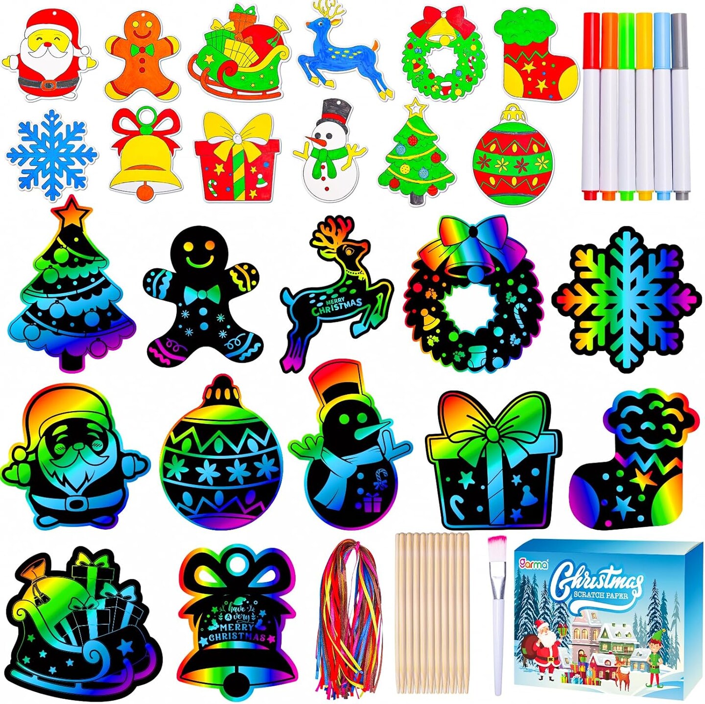 36Pcs Christmas Crafts Scratch Art for Kids, Rainbow Scratch Paper Christmas Ornaments Crafts Christmas Party Favors Toys Xmas Tree Ornaments Hanging Craft Art Kits