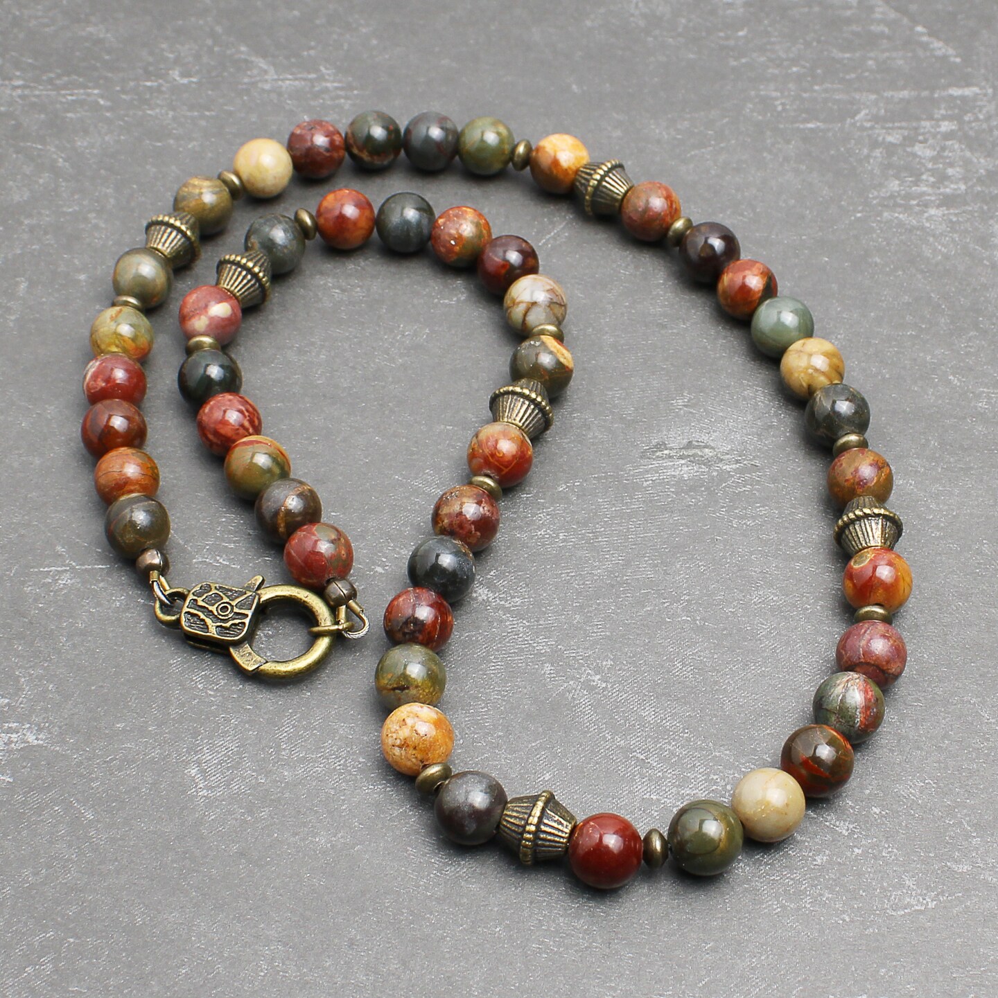 Natural Red Creek Jasper Gemstone Necklace - Earthy Multicolor 8mm