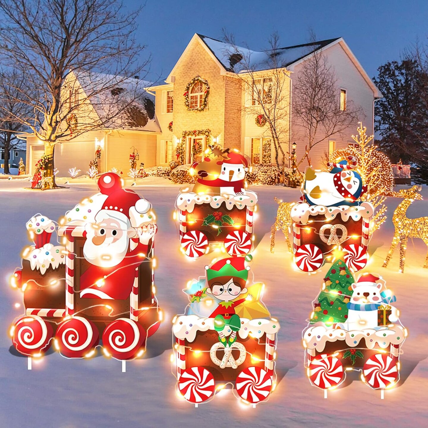 Christmas Train Decorations Yard Signs with LED Lights - Christmas Tree Santa Elf Snowman Train Set Lawn Signs with Stakes for Holiday Xmas Lawn Garden Yard Decorations Outdoor, 5 Pack