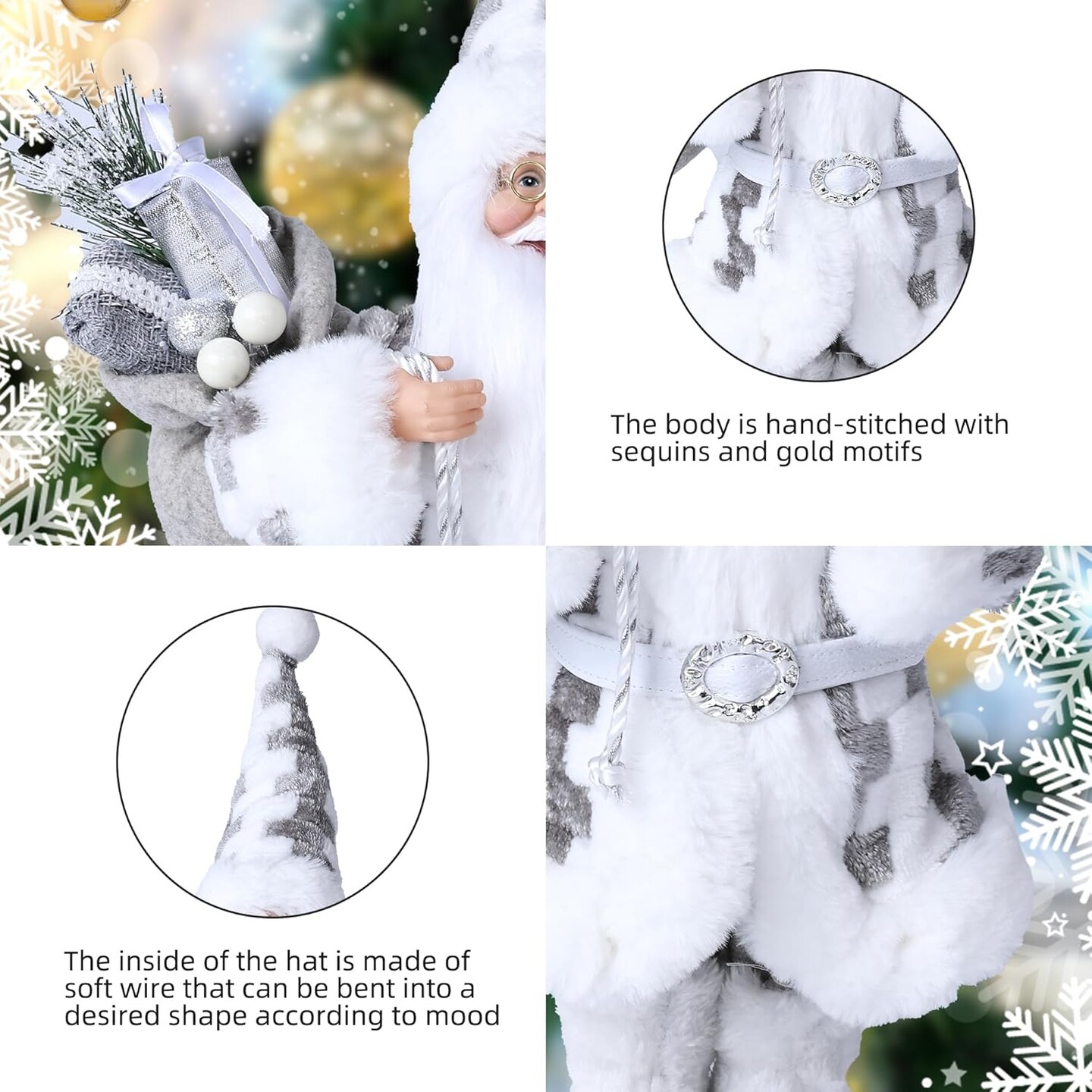13.8inch Santa Claus Figurines Fluffy Christmas Standing Santa Figure Decorations Gift for Xmas Outdoor Indoor Home Office Ornaments Grey White Plaid