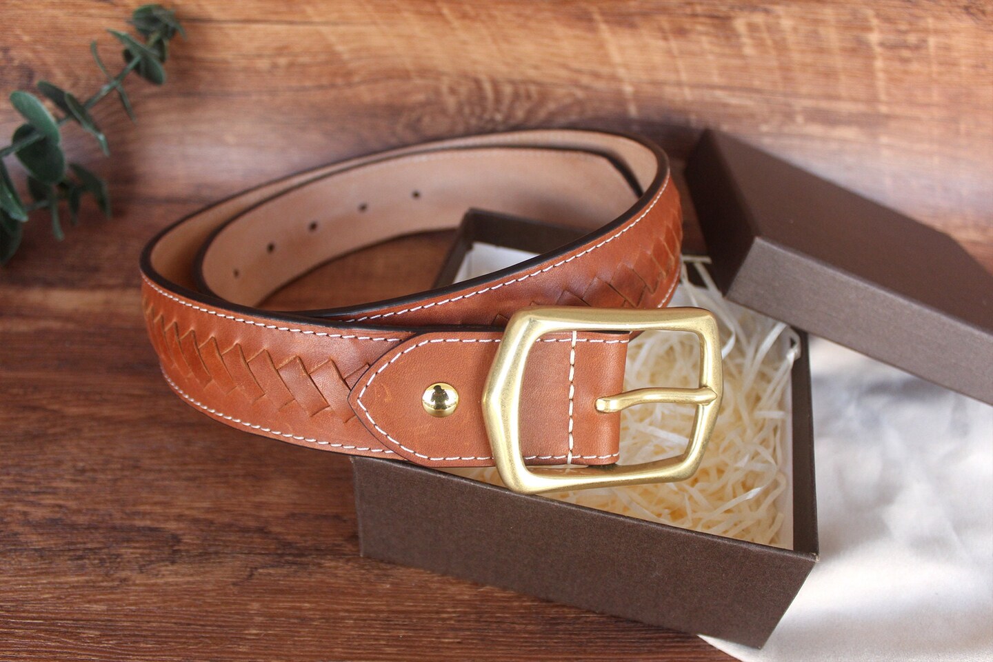 Ceinture En Cuir Tissé Marron Limited - Taille S/M, Boucle Laiton, Occasion Très Bon état