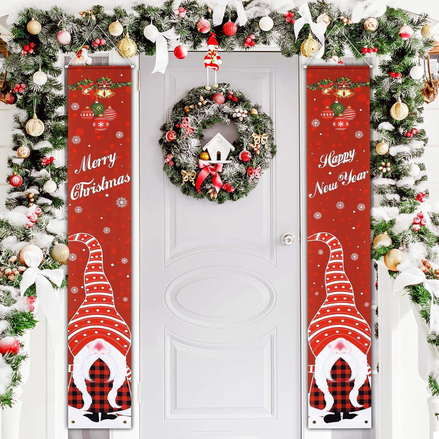 Christmas Decorations Outdoor Yard Front Porch Sign Set, Red Plaid Door Banner, Merry Christmas Hanging Banner Flag for Home Indoor Outdoor Xmas Decor Wall Front Door Yard Garage