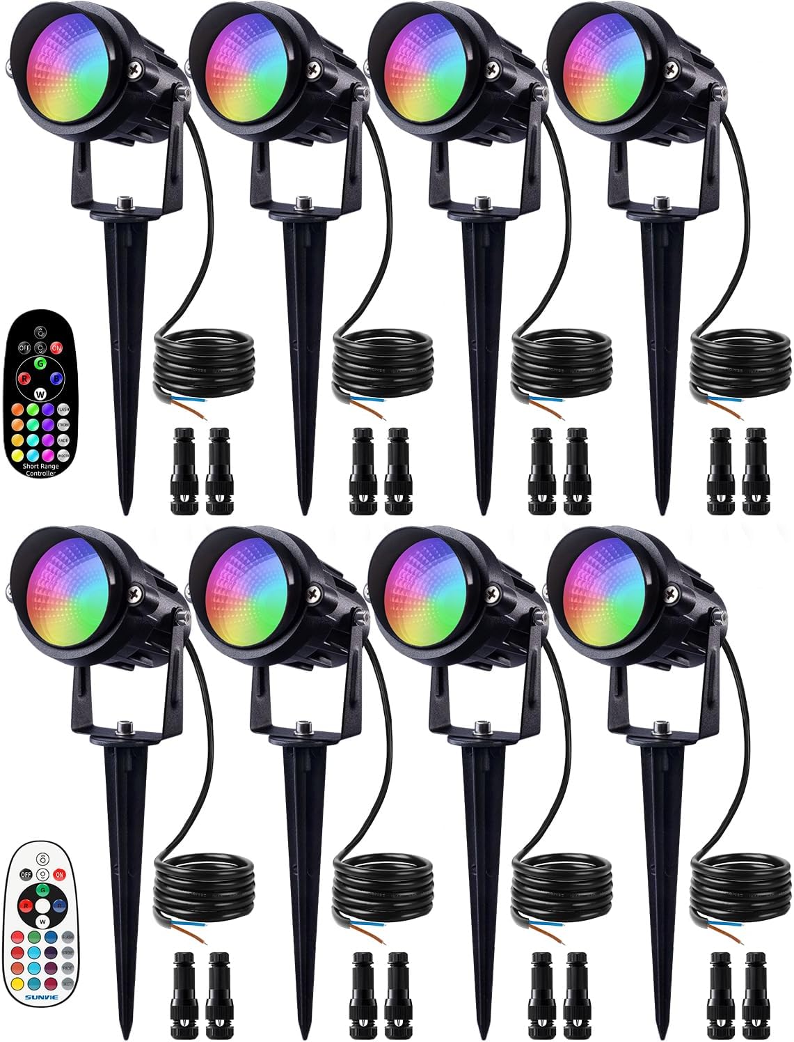 12W RGB Color Changing Landscape Lights Low Voltage LED Landscape Lighting Remote Control Spotlight Waterproof Garden Pathway Christmas Decorative Lights Outdoor Indoor, 8 Pack with Connector