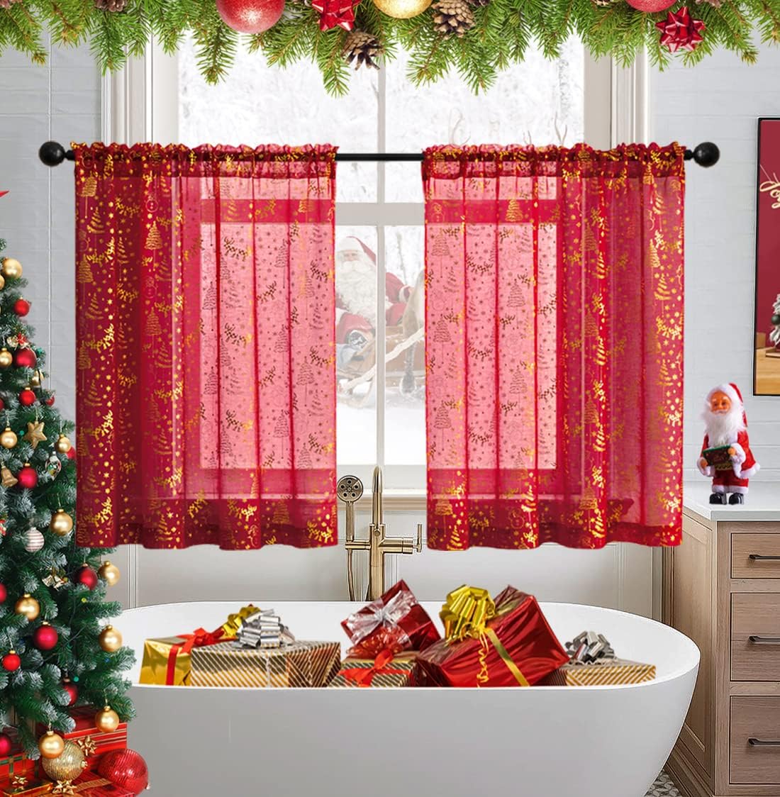 Christmas Kitchen Curtains 36 Inch Length Sets of 2,Christmas Bathroom Curtains Window,Cafe Curtains for Xmas Decorations Holiday Decor,Red