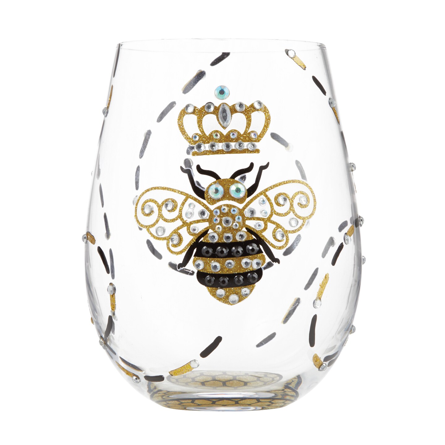 Lolita Queen Bee Stemless Hand Painted Wine Glass 5in H