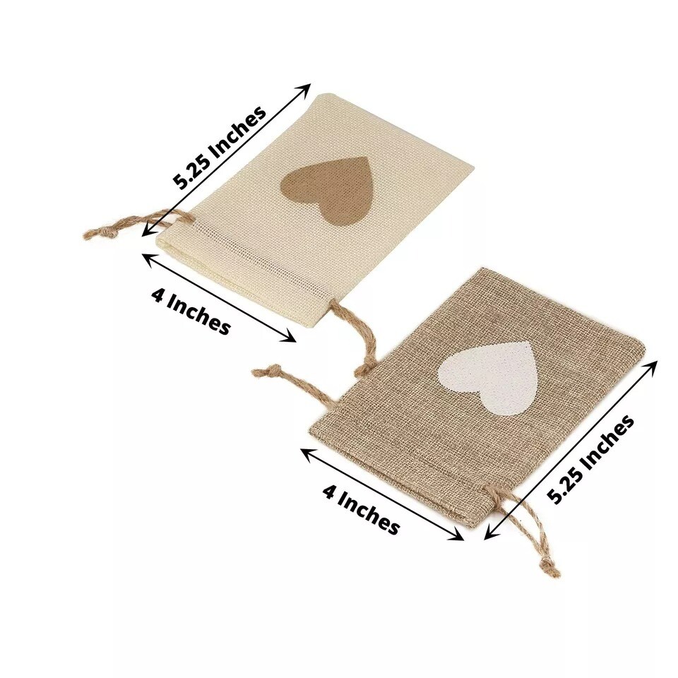 20 Natural Ivory Heart Design Faux Burlap Wedding Favor Bags Gift Holders Party
