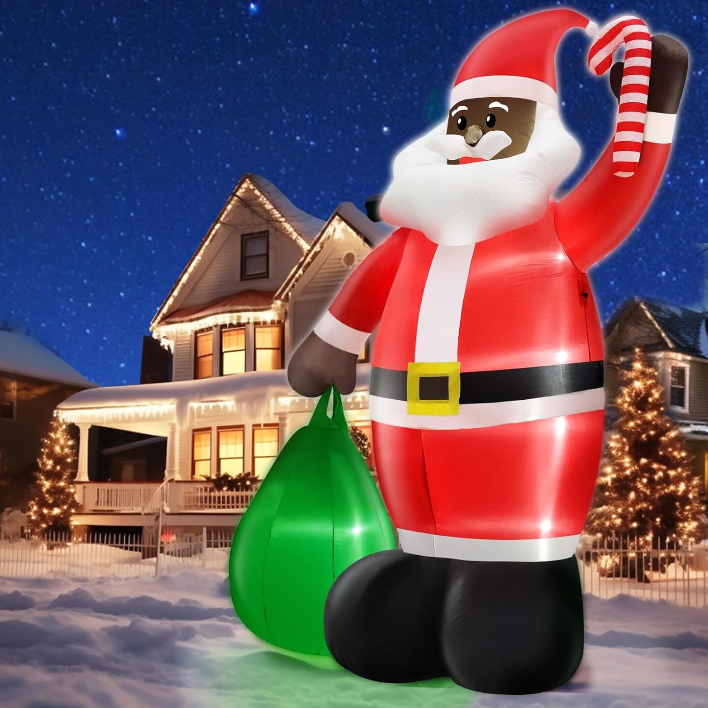 14 Feet Giant Black Santa Claus Inflatables Christmas Outdoor Decorations Holds Gift Bag &#x26; Candy Cane Blow Up Build-in LED Lights Inflatable Christmas Yard Decor Garden Lawn Xmas Holiday