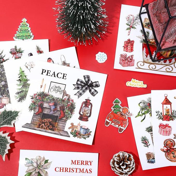 Transfers Classic Watercolor Santa Snowman Gnome Transfer Stickers Winter Floral Bird Furniture Decals for Home Office Paper Wood DIY Crafts, 5.9 x 5.9 Inch