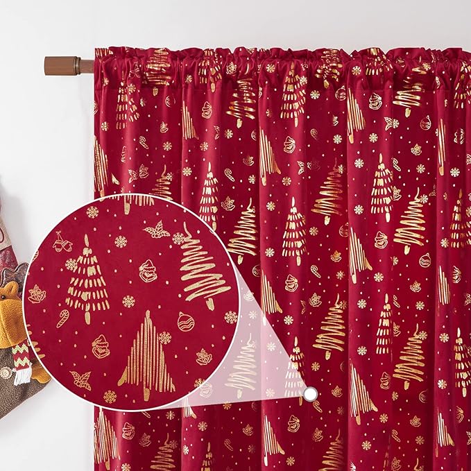 Red Christmas Decorative Indoor Holiday Curtains for livingroom 84 inches Length, Xmas Gift Decorations Blackout Rod Pocket Velvet Christmas Drapes for Bedroom cortinas de Navidad 2 Panels