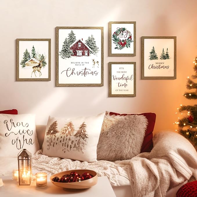 Christmas Wall Art, Framed Wall Art with Christmas Winter Forest Decorative Prints, 5 Pack Christmas Pictures Wall Decor for Living Room, Bedroom as Christmas Decorations