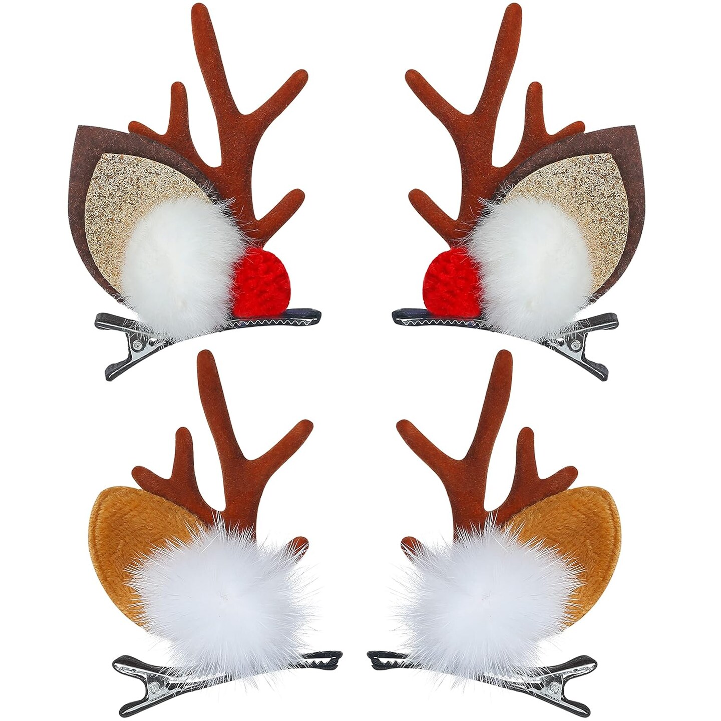 Christmas Hair Clip, 2 Pairs Cute Reindeer Antlers Ears Hair Accessory with Plush Ball, Christmas Hair Pins for Women Girls Kids and Party Favors